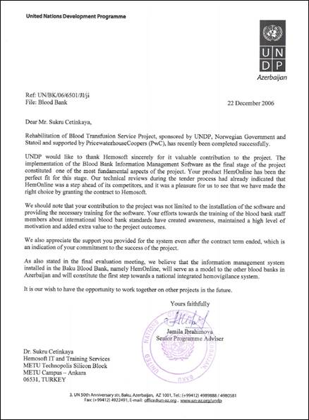 UNDP Norve&ccedil; - Azerbaycan Kan Hizmetleri ve Transf&uuml;zyon Hizmetleri Rehabilitasyon Projesi Referans Mektubu